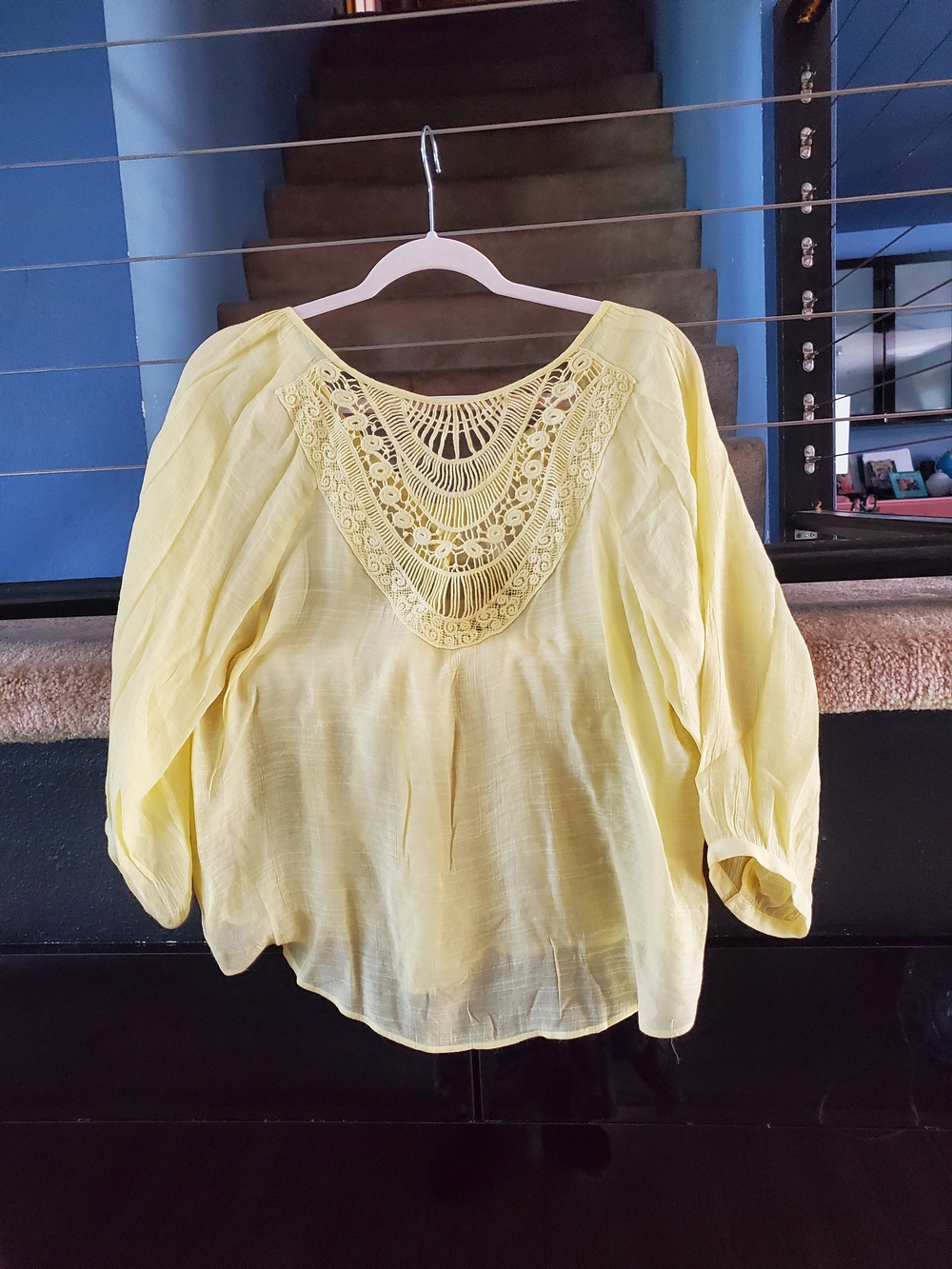 Light Yellow Crochet-Yoke Women's Peasant Blouse